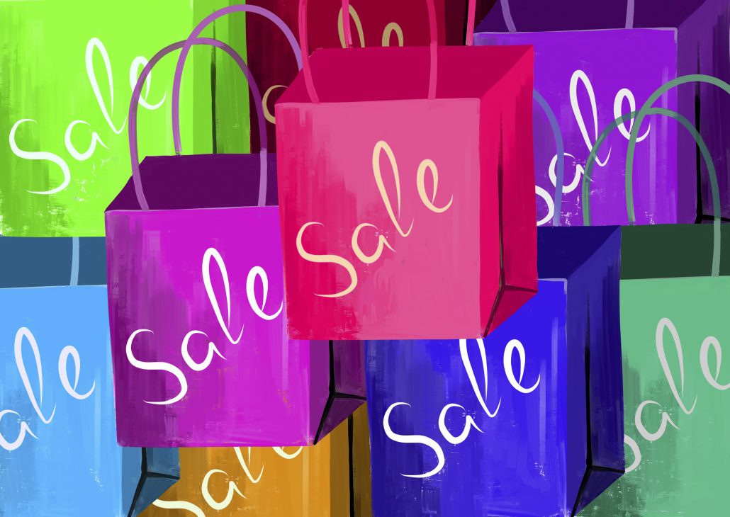 Sale shopping bags. Multicolor illustration with text